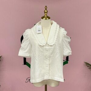 Scalloped Peter Pan Collar Puff Sleeve Blouse - White